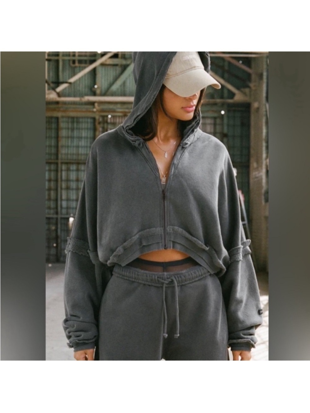 Joah Brown Deconstructed Crop Zip Hoodie Washed Black with Logo S/M